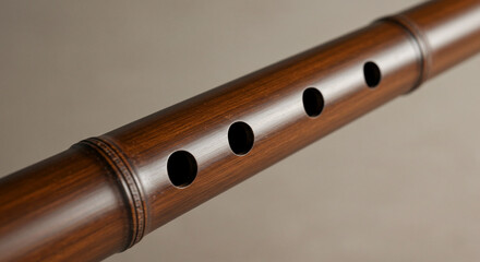 Naklejka premium Close up of a brown bamboo flute with finger holes for playing music in a studio setting