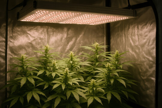 Indoor cannabis plants thriving under led grow lights in reflective grow tent