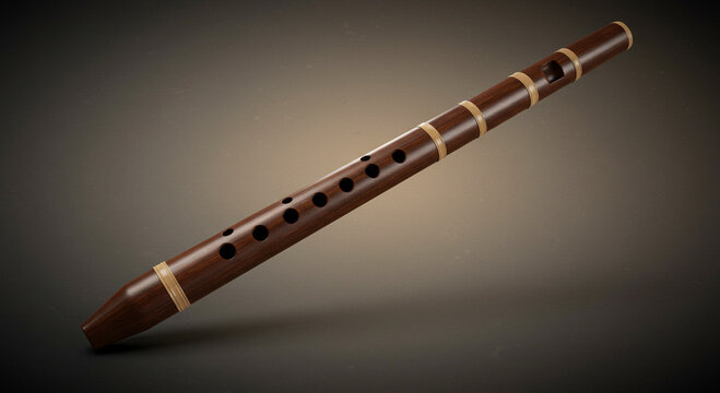 A brown wooden flute with finger holes and light colored bands on a gradient background surface