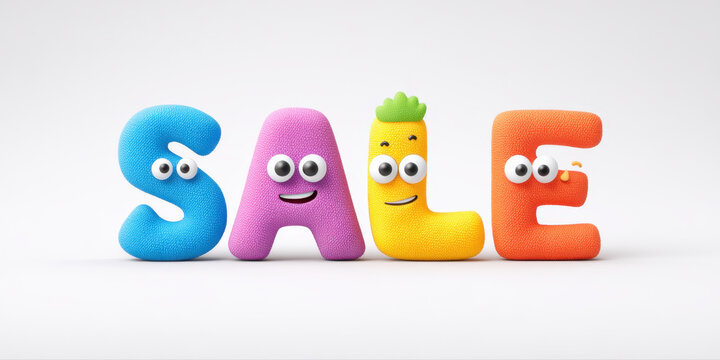 Playful colorful 3D cartoon style sale text with smiling faces and expressive eyes on clean white background, cheerful and fun design