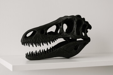 Black dinosaur skull sculpture on white shelf with minimalist background