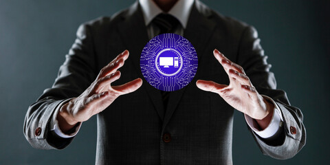 businessman holding a sphere with a globe in his hands.