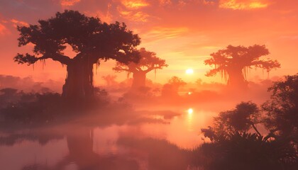 Fototapeta premium Sunrise over a misty swamp with towering baobab trees.