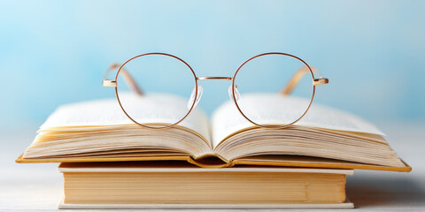 Open book with round reading glasses on top, placed on another closed book, symbolizing knowledge and study focus