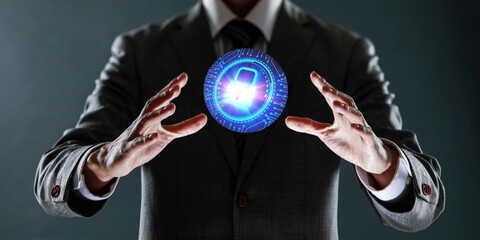 businessman holding a sphere with a globe in his hands.