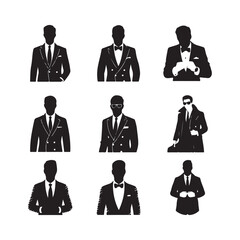 Sophisticated Men in Formalwear Silhouettes,  Nine silhouette illustrations of men dressed in formal suits and attire, including tuxedos, jackets, and ties vector art on white