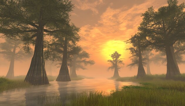 Misty sunrise over a tranquil cypress swamp.