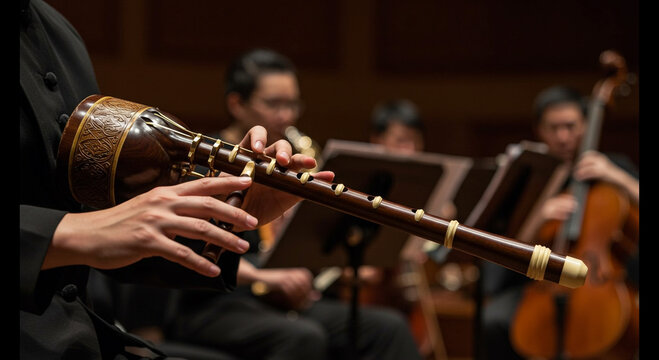 Close up of a musician playing a nagaswaram with other musicians in the background blurred out