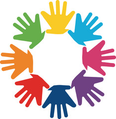 Colorful diverse hands in circular shape representing teamwork, unity, inclusion, community support, collaboration, connection, equality, social care, and help
