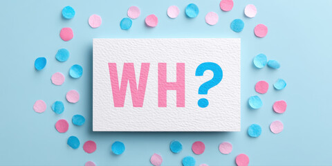 Gender reveal card with pink and blue question mark surrounded by colorful confetti on light blue background, festive and exciting