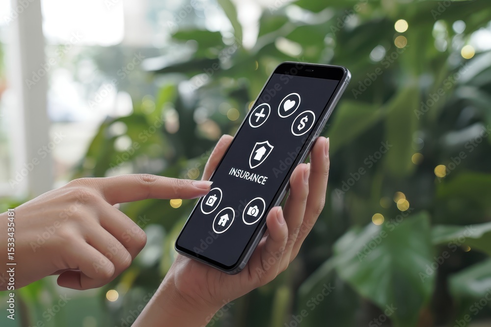 Poster smartphone displaying insurance app interface.