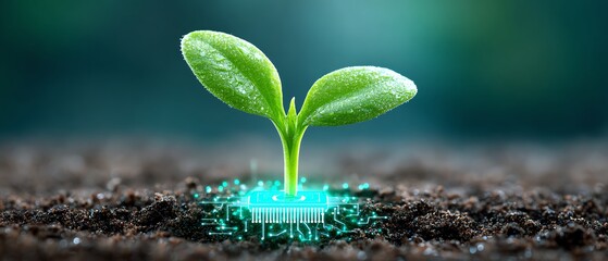 futuristic farming sprout with embedded microchip in soil, glowing green light, smart agriculture concept