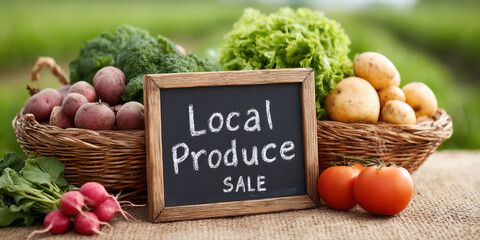 Local produce sale sign with fresh vegetables including potatoes, tomatoes, radishes, broccoli, and lettuce in baskets on burlap