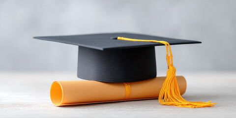 Graduation cap with yellow tassel resting on rolled diploma on light surface, symbolizing academic achievement and success