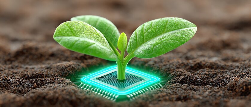 futuristic farming sprout with embedded microchip in soil, glowing green light, smart agriculture concept