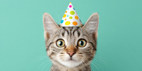 Cute tabby cat wearing colorful polka dot party hat looking surprised on turquoise background, festive and playful mood