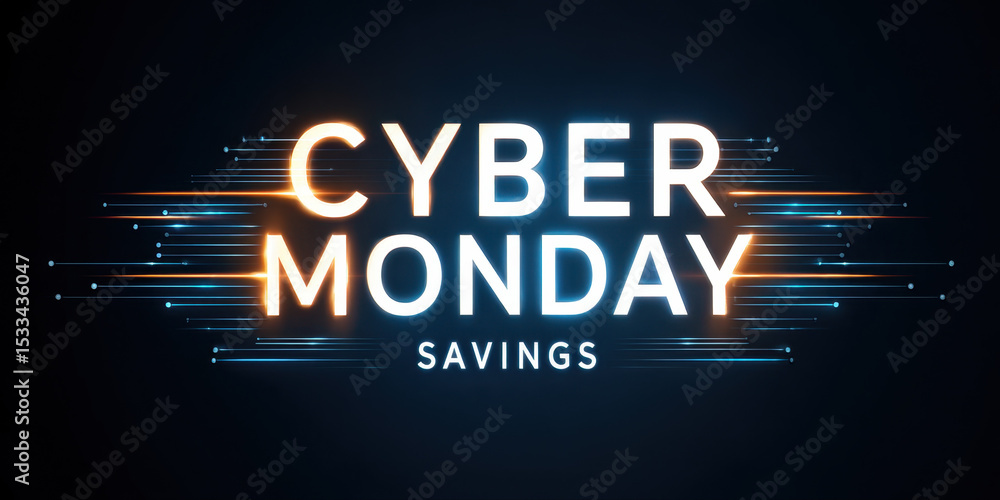 Poster cyber monday savings text with sleek digital circuit lines on dark background for online shopping pr