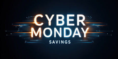 Cyber Monday savings text with sleek digital circuit lines on dark background for online shopping promotion