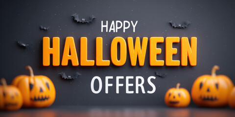 Happy Halloween offers banner with pumpkins and bats on dark background creating spooky festive atmosphere