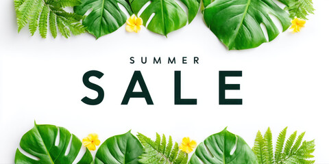 Summer sale banner with tropical green leaves and yellow flowers on white background, bright and fresh design for promotion