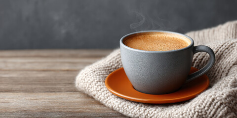 Steaming hot coffee in gray cup on orange saucer resting on cozy knitted beige blanket on wooden table, evoking warmth and comfort