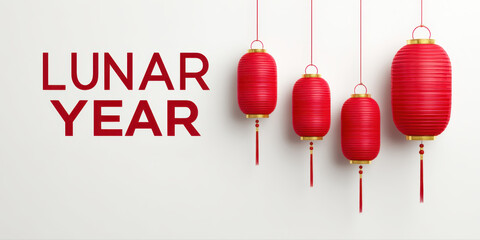 Lunar year celebration with traditional red lanterns hanging on white background, festive and bright decoration for holiday joy