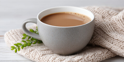 Warm cup of coffee in gray ceramic mug resting on cozy knitted beige blanket with small green plant nearby, evoking comfort and calm