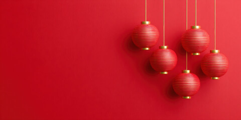Red hanging lanterns red background create festive and warm atmosphere for traditional Lunar New Year celebration with elegant design and lighting