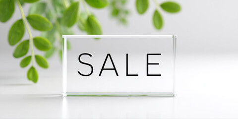 Sale sign on clear glass with green leaves in background, bright minimalistic style, fresh and inviting atmosphere