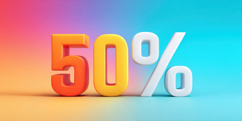 50 percent discount text with bright gradient background in orange, yellow, and blue colors for sale promotion and marketing design