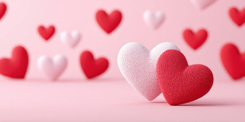 Two textured hearts in red and pink with floating hearts in background create romantic and warm atmosphere for love and celebration