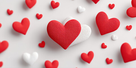 Red and white hearts scattered on light background create romantic and joyful atmosphere perfect for love and Valentine Day celebration