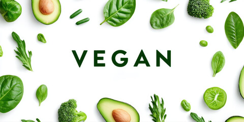 Vegan text surrounded by fresh green vegetables and fruits like avocado, spinach, broccoli, and peas, symbolizing healthy plant based food