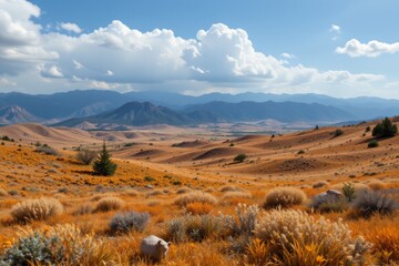 Golden Hills Landscape with Distant Mountains