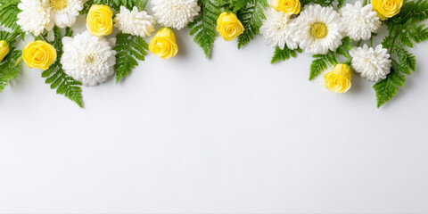 Fresh spring flowers with white chrysanthemum and yellow rose blooms and green fern leaves create vibrant and cheerful floral border white