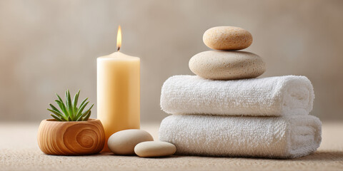 Soft white towel with smooth stones and lit candle create peaceful spa setting for relaxation and wellness at home