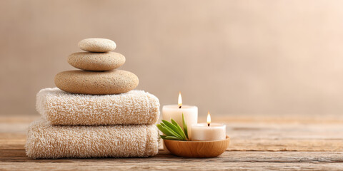 Soft beige towels stacked with smooth spa stones and lit candles on rustic wooden surface for calm wellness
