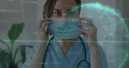 Healthcare worker fitting surgical mask for seal while transparent digital overlay guides fit