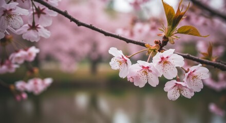 Closeup of Delicate Pink Cherry Blossoms on a Branch