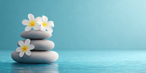 Smooth gray stones stacked with white plumeria flowers on water surface, creating calm and peaceful spa atmosphere for wellness and relaxation