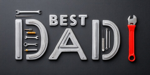 Best dad text made from metal tools and red adjustable wrench on black background, creative mechanic gift idea for father