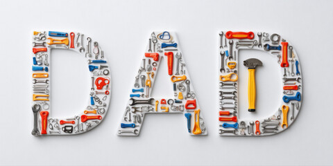 Dad word made of colorful tools and hardware on white background, creative concept for father day celebration with cheerful and bright design