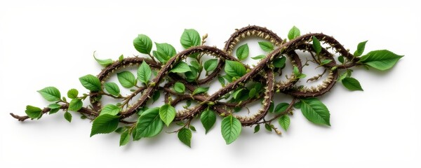 Intertwined Branches with Green Leaves on White