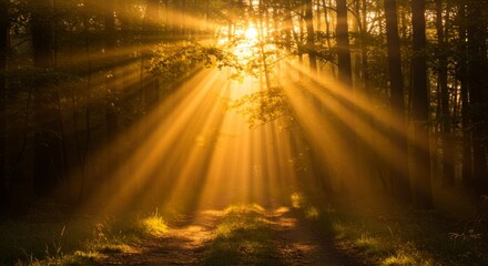 Golden Sunlight Rays in Misty Forest Path