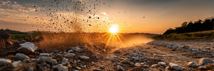  Earth bursts upward as the sun sets, scattering dust and rock in warm yellow light. 