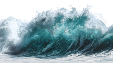 Powerful ocean wave crashing over water with turbulent foam and dynamic water movement displaying coastal beauty isolated on white transparent background PNG cutout
