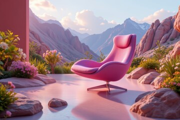 Pink Lounge Chair in Mountain Landscape