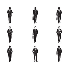 Professional Men in Formal Suits, Various Styles and Poses, Nine black silhouettes of men in formal suits, showcasing different poses and styles vector art on white