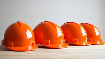 Row of Orange Construction Helmets on Wooden Shelf
