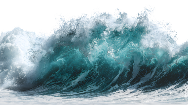 Powerful ocean wave crashing over water with turbulent foam and dynamic water movement displaying coastal beauty isolated on white transparent background PNG cutout
